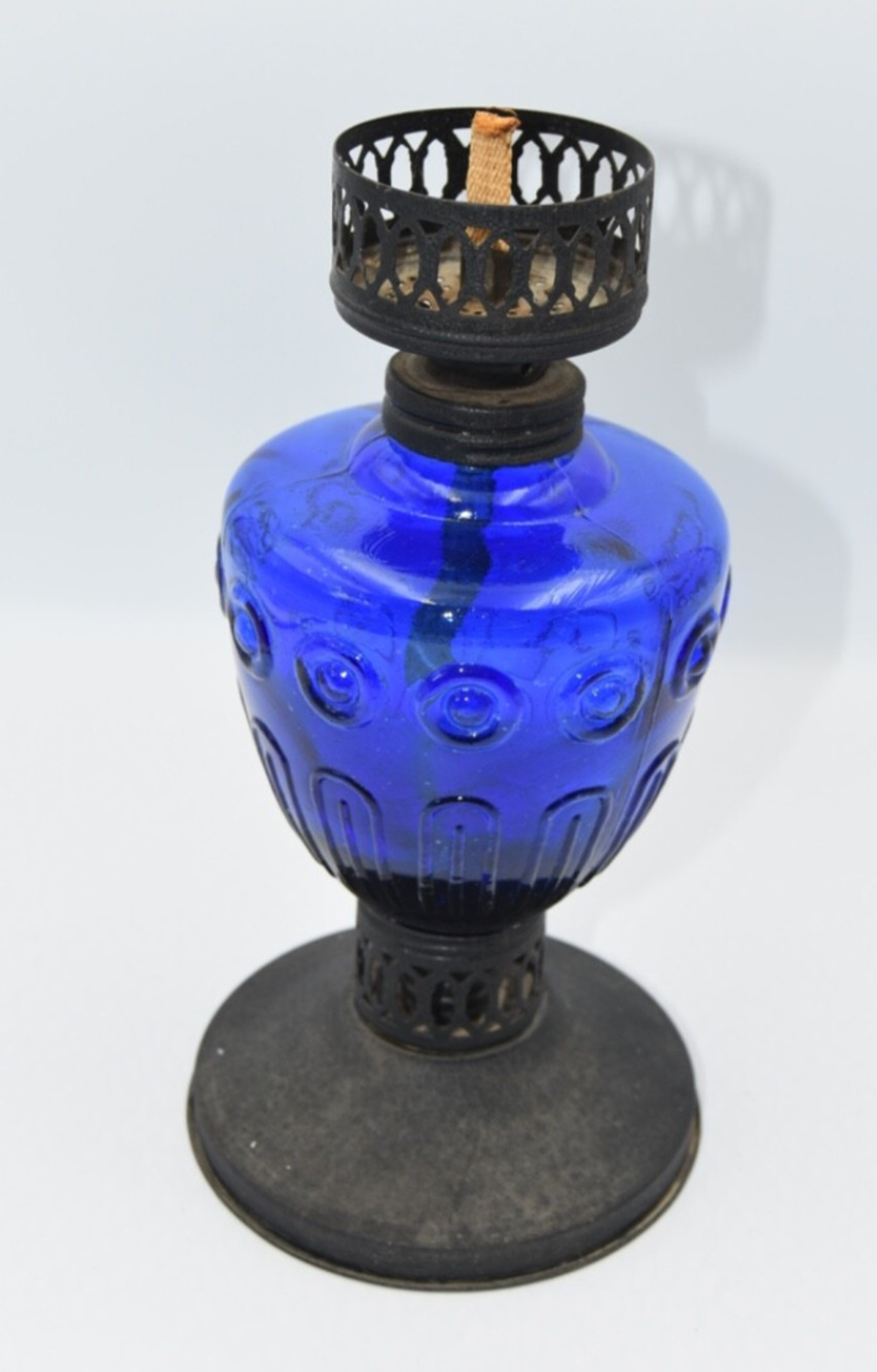 Antique Cobalt Blue Thick Glass Oil / Kerosene Lantern Lamp 10"